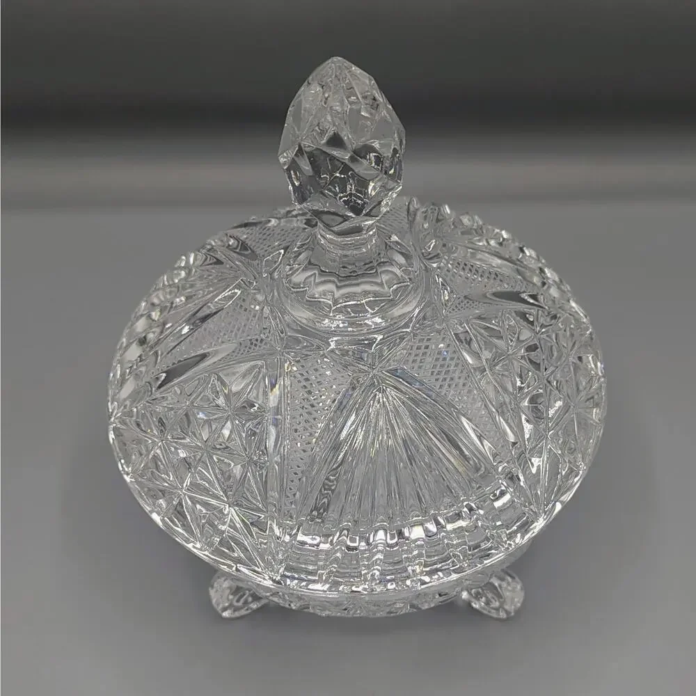 Vintage Cut Crystal Covered Candy Dish 3 Footed Lidded Bowl Pinwheel Starburst